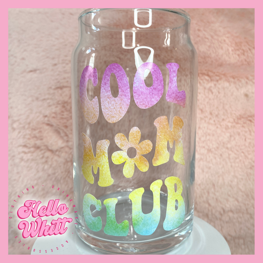 Pastel Tie-Dye Cool Mom Club 16oz Glass Can